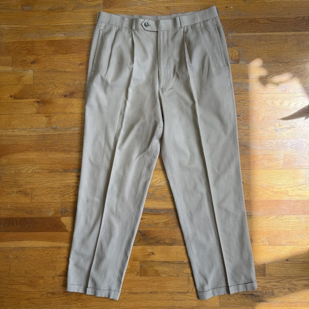 Lamberti Double Pleated Trousers Silk Cotton Blend Tan Sz 34 Cuffed Old Money